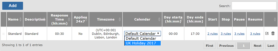 SLA Calendar Selection